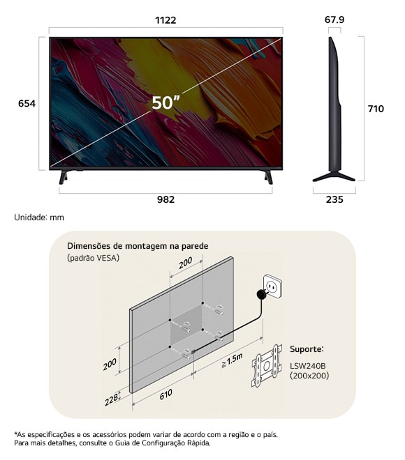 Visão de dimensões do LG QNED MiniLED AI QNED70 4K 50-inch, 1122×710×235 mm, panel 67.9 mm, VESA 200x200.