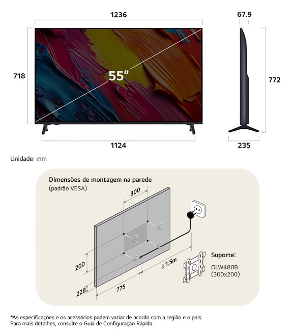 Visão de dimensões do LG QNED MiniLED AI QNED70 4K 55-inch, 1236×772×235 mm, panel 67.9 mm, VESA 300x200.