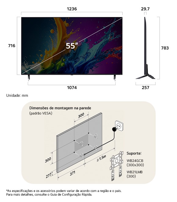 Visão de dimensões do LG QNED MiniLED AI QNED80 4K 55-inch, 1236×783×257 mm, panel 29.7 mm, VESA 300x300.
