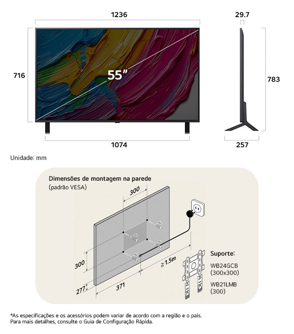 Visão de dimensões do LG QNED MiniLED AI QNED80 4K 55-inch, 1236×783×257 mm, panel 29.7 mm, VESA 300x300.