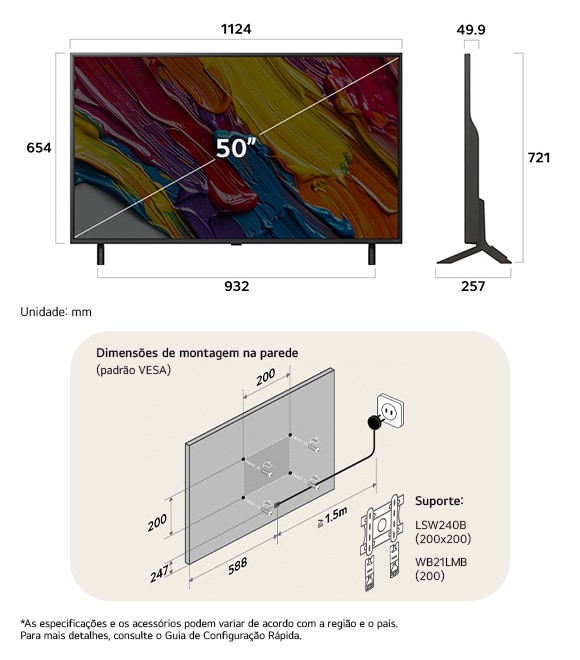 Visão de dimensões do LG QNED MiniLED AI QNED82 4K 50-inch, 1124×721×257 mm, panel 49.9 mm, VESA 200x200.