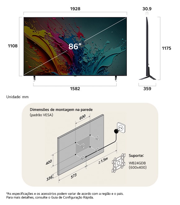 Visão de dimensões do LG QNED MiniLED AI QNED85 4K 86-inch, 1928×1175×359 mm, panel 30.9 mm, VESA 600x400.