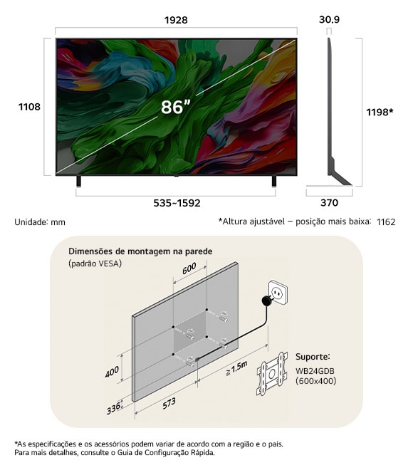 Visão de dimensões do LG QNED MiniLED AI QNED85 4K 86-inch, 1928×1175×359 mm, panel 30.9 mm, VESA 600x400.