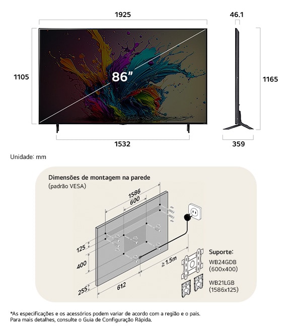 Visão de dimensões do LG QNED MiniLED AI QNED90 4K 86-inch, 1925×1165×359 mm, panel 46.1 mm, VESA 600x400.