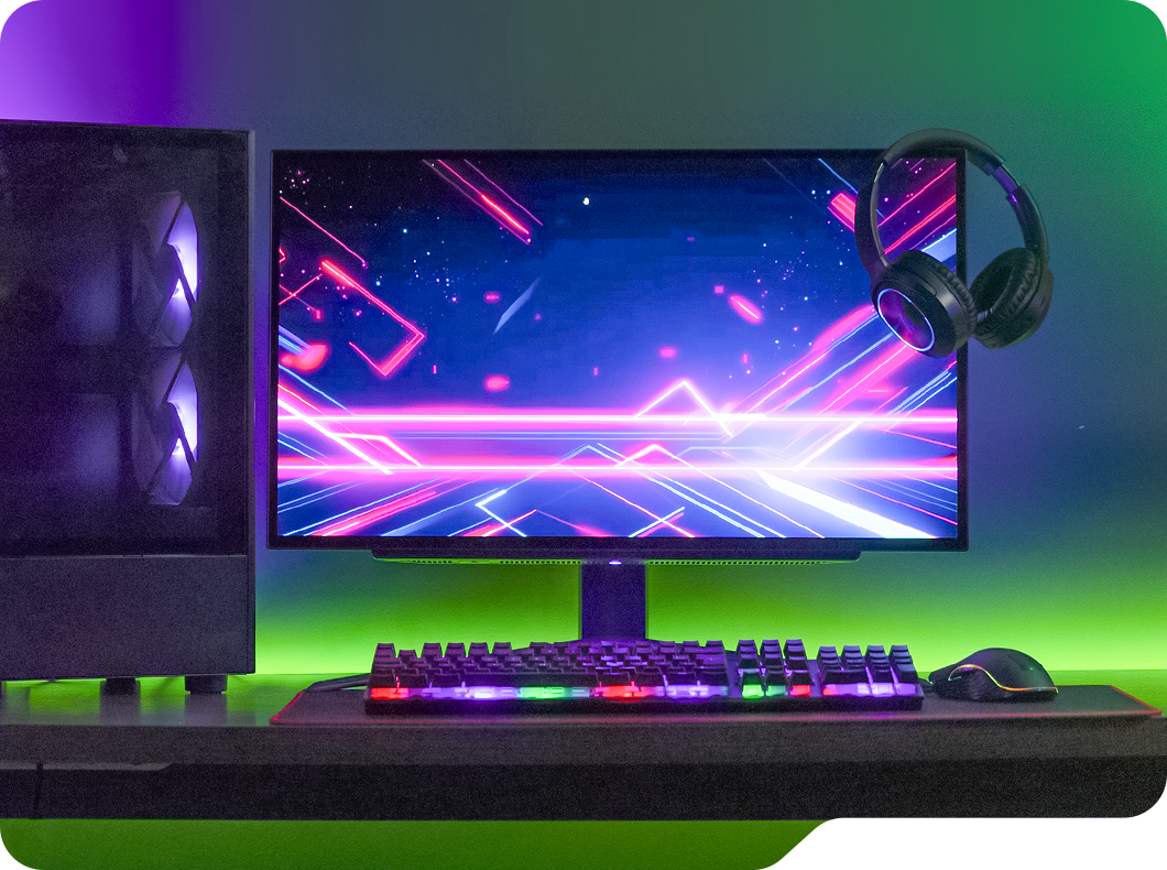 Sala gamer com monitor LG UltraGear OLED, iluminado com luzes RGB.