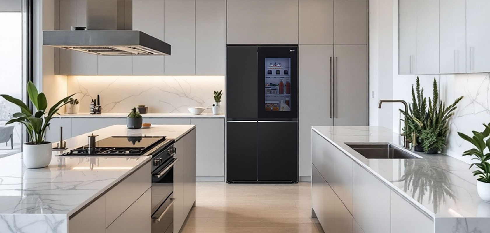 Outra vista de uma cozinha moderna com refrigerador LG e interiores elegantes.