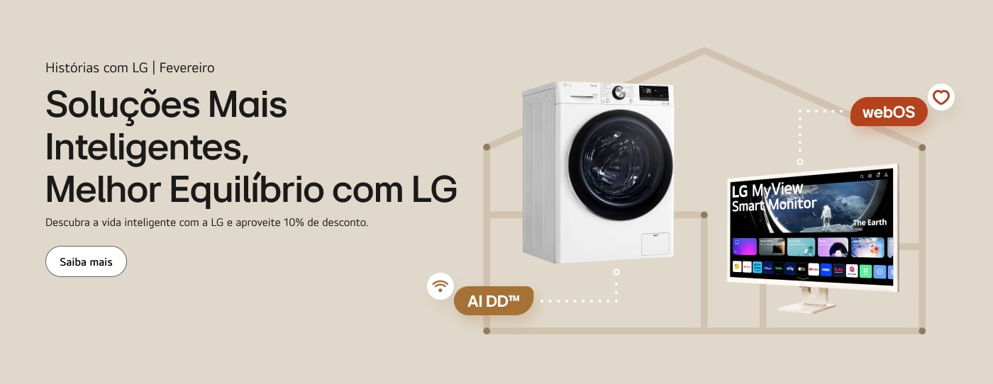 Uma elegante máquina de lavar LG e um Monitor LG exibidos lado a lado, promovendo uma vida mais inteligente e equilibrada.