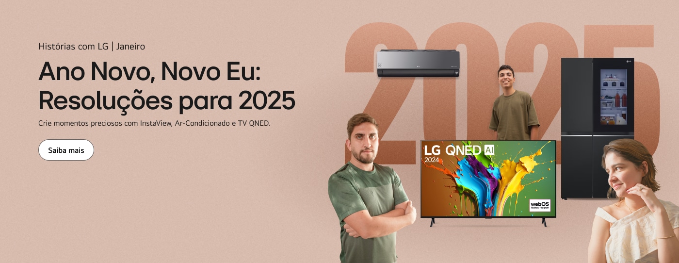 Produtos LG com refrigerador, ar-condicionado e TV, com dois homens e uma mulher sorrindo.