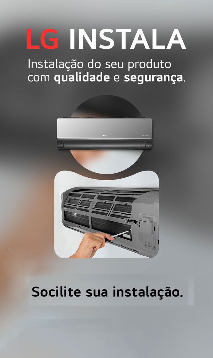  Mão ajusta ar-condicionado LG na parede com destaque para qualidade e segurança na instalação. Solicite sua instalação.