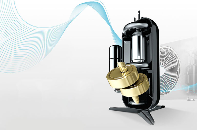 Compressor de ar condicionado LG preto com detalhes dourados em destaque à direita, com linhas onduladas azuis ao fundo.