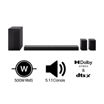 Front view of LG Soundbar S75TR, subwoofer, and Rear Speakers