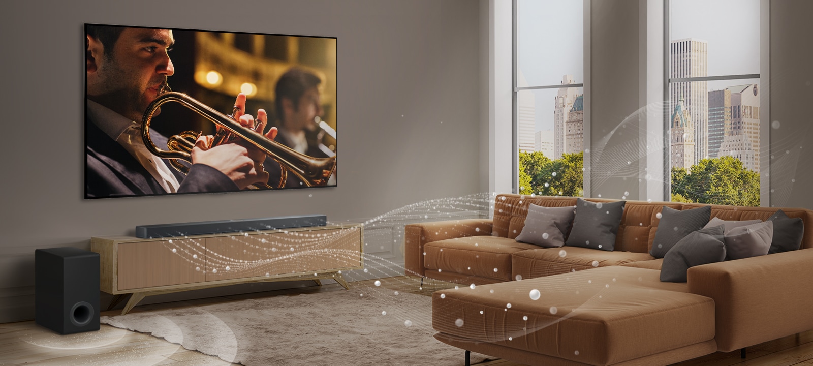 Um LG Soundbar, uma TV LG e um subwoofer estão em um apartamento moderno na cidade. O LG Soundbar emite três ramos de ondas sonoras, feitos de gotículas brancas que flutuam na parte inferior do chão. Ao lado do Soundbar há um subwoofer, criando um efeito sonoro na parte inferior.