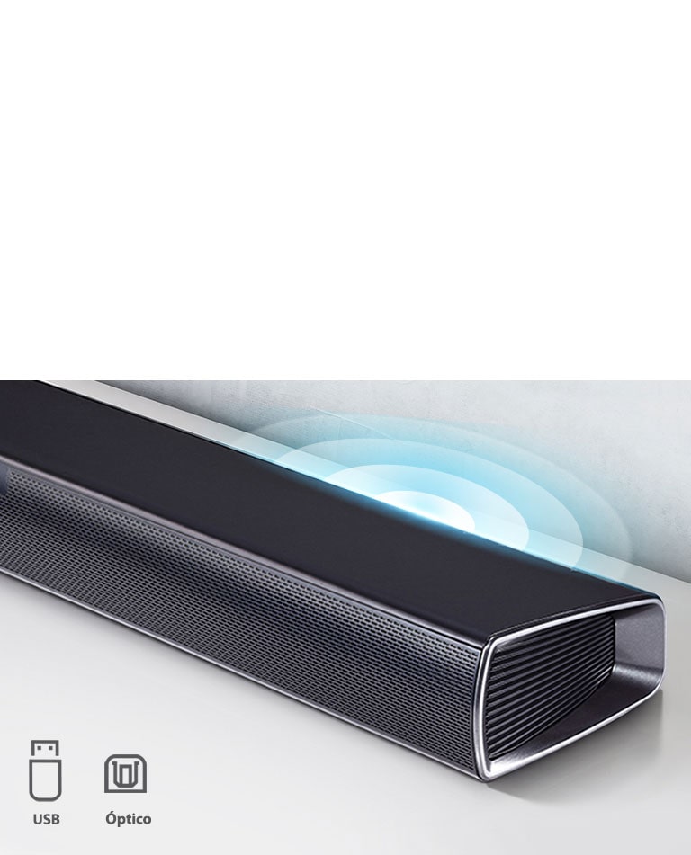 LG Sound Bar está na prateleira branca. O gráfico de som saindo do alto-falante. Ele mostra ícones USB e Óticos.