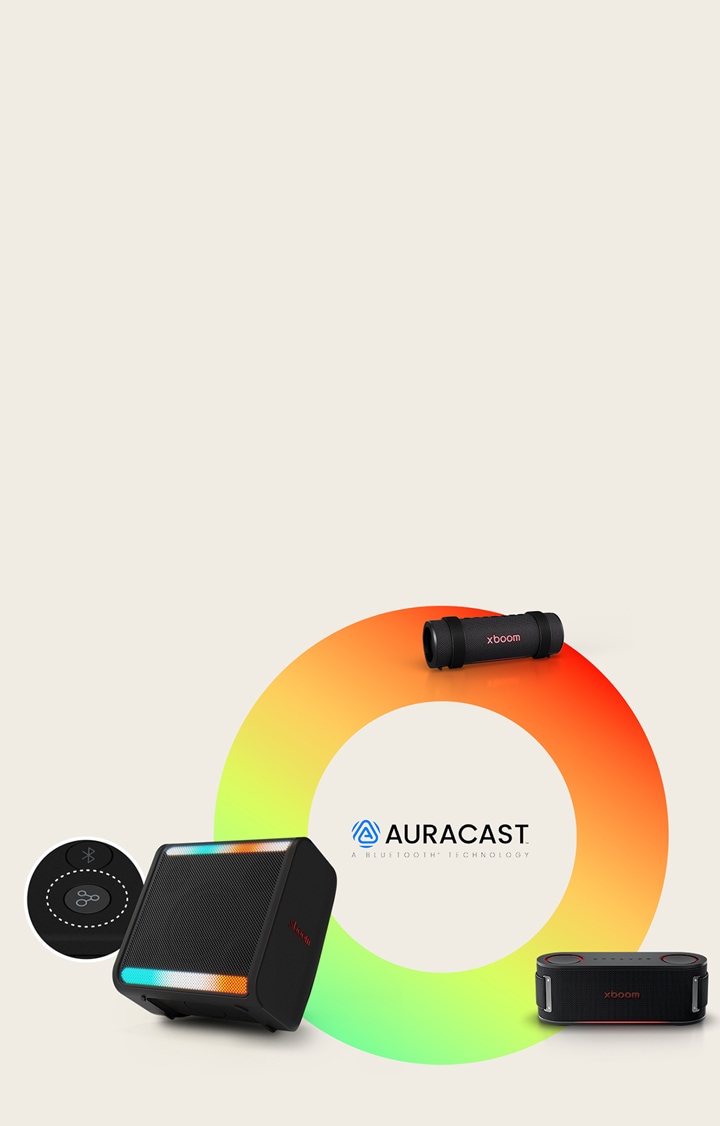 Em um círculo colorido, a xboom Grab, a xboom Bounce e a xboom Stage301 estão dispostas no sentido horário. Ao lado da xboom Stage301, a imagem do botão Auracast está disposta em um círculo.