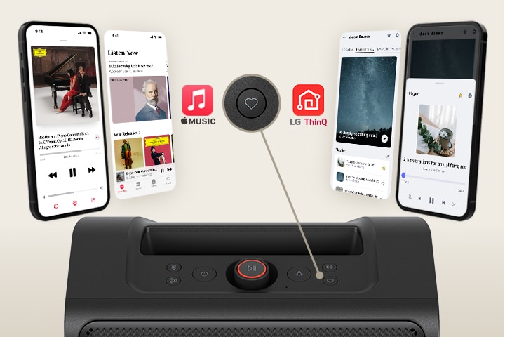 Um telefone com uma imagem de aplicativo e uma imagem de aplicativo virtual são mostrados nos lados esquerdo e direito. As imagens e o logotipo do aplicativo Apple Music estão no lado esquerdo, enquanto as imagens e o logotipo do aplicativo LG ThinQ estão no lado direito. Na parte inferior, a parte superior da xboom Stage301 é mostrada com o "meu botão" destacado.