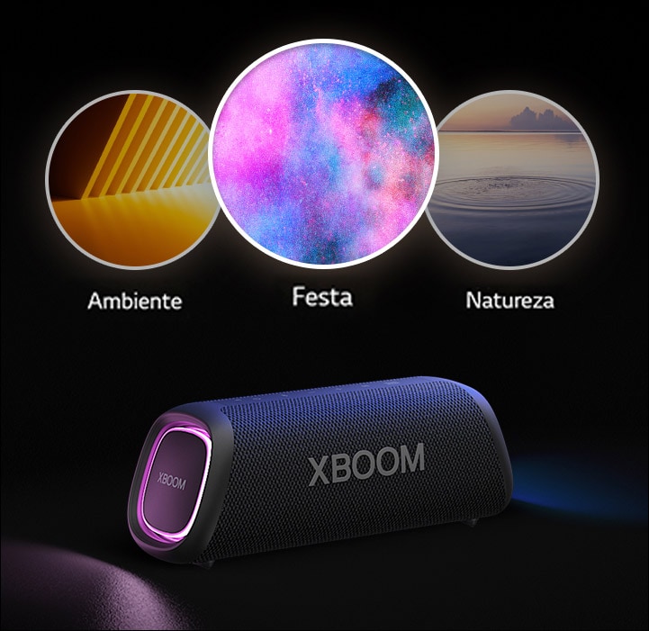 Uma LG XBOOM Go XG7 com iluminação roxa está colocado no chão. Sobre ela, são mostrados três modos do Light Studio: ambiente, festa e natureza.