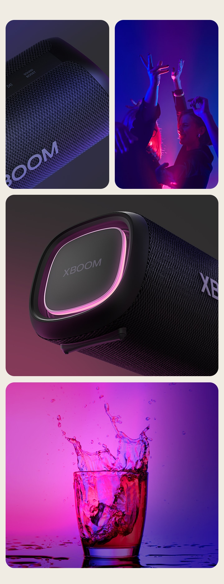 Colagem. A partir da esquerda, vista aproximada da LG XBOOM Go XG7. A seguir, uma imagem de pessoas curtindo a música. À direita, de cima para baixo: vista aproximada da caixa de som com iluminação rosa e dois copos de bebida.