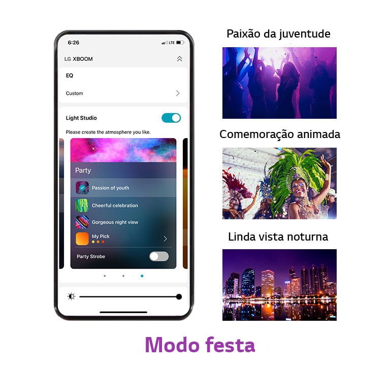 "Imagem de um celular com a tela do aplicativo no modo festa. Imagem com silhueta de pessoas dançando numa casa noturna. Imagem de uma mulher com roupas de festa coloridas. Vista noturna da cidade colorida com luzes neon."