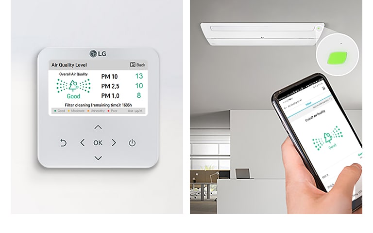 A metade esquerda mostra a unidade de controle da LG exibindo a qualidade do ar, enquanto a metade direita mostra uma pessoa operando uma unidade de teto via LG ThinQ no smartphone.