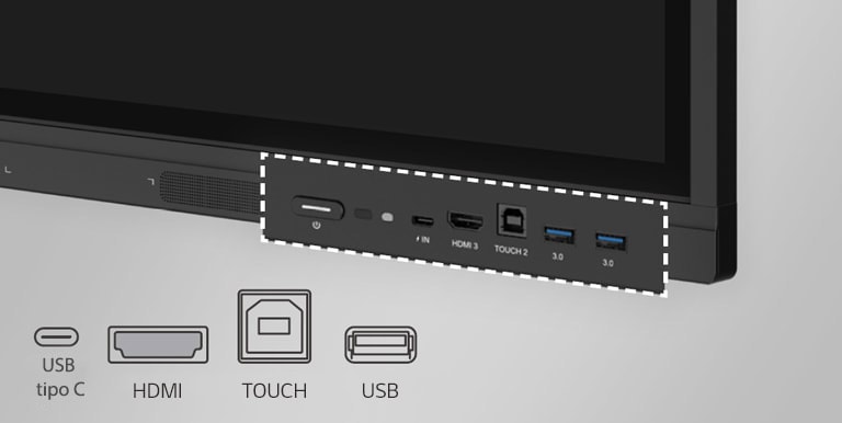 O LG CreateBoard possui portas na parte frontal, como USB e HDMI.