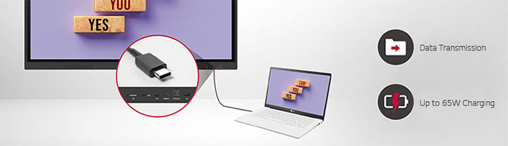 O LG CreateBoard transmite dados facilmente por meio da conectividade USB-C e pode fornecer carga de até 65 W.