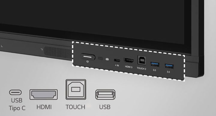 O LG CreateBoard possui entradas na parte frontal, como USB e HDMI.