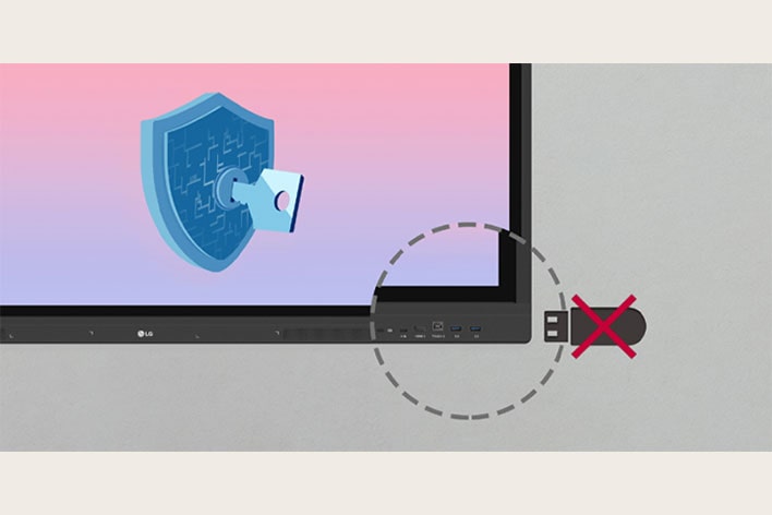 O LG CreateBoard pode ser configurado para desativar USBs conectados a monitores por motivos de segurança.