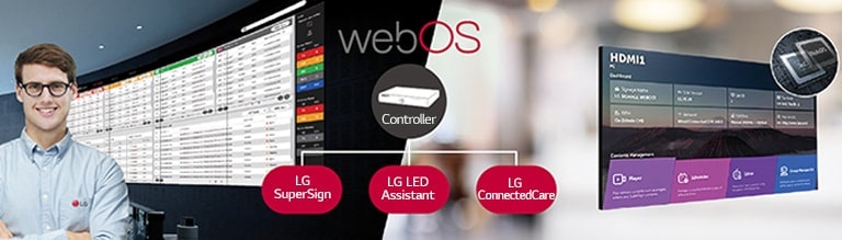 Um funcionário da LG está monitorando remotamente a série GSCD instalada em outro local usando uma solução de monitoramento LG baseada na nuvem. O controlador de sistema com web OS permite a compatibilidade da série GSCD com as soluções de software da LG.