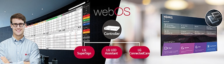 Um funcionário da LG está monitorando remotamente a série GSED instalada em outro local usando uma solução de monitoramento LG baseada na nuvem. O controlador de sistema com webOS permite a compatibilidade da série GSED com as soluções de software da LG."