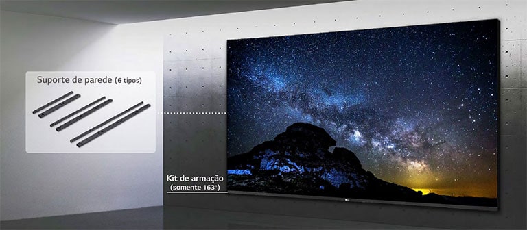 LG MAGNIT sendo instalado de forma organizada, com kits de montagem na parede e um kit de armação.