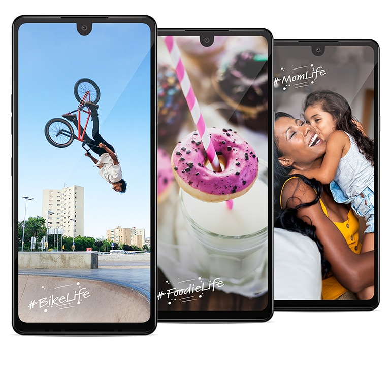 Três fotos em três telefones. Manobras de bike, rosquinhas e bebidas, mãe e filha.