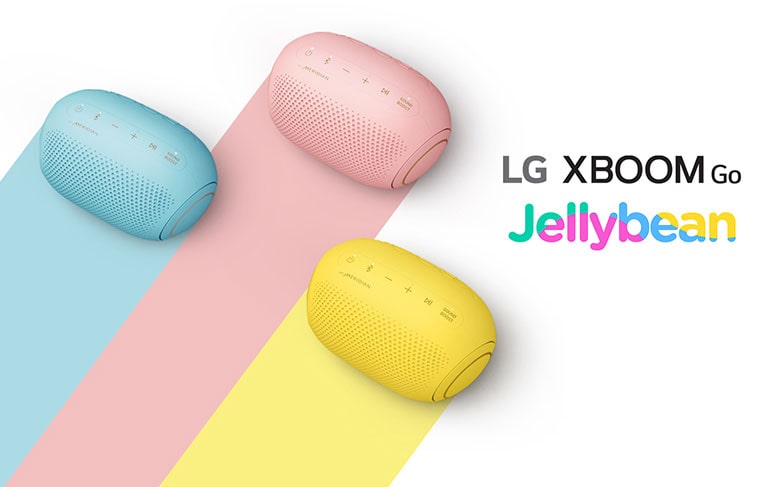 As cores da série  LG XBOOM Go PL2 Jellybean são mostradas em um fundo branco.