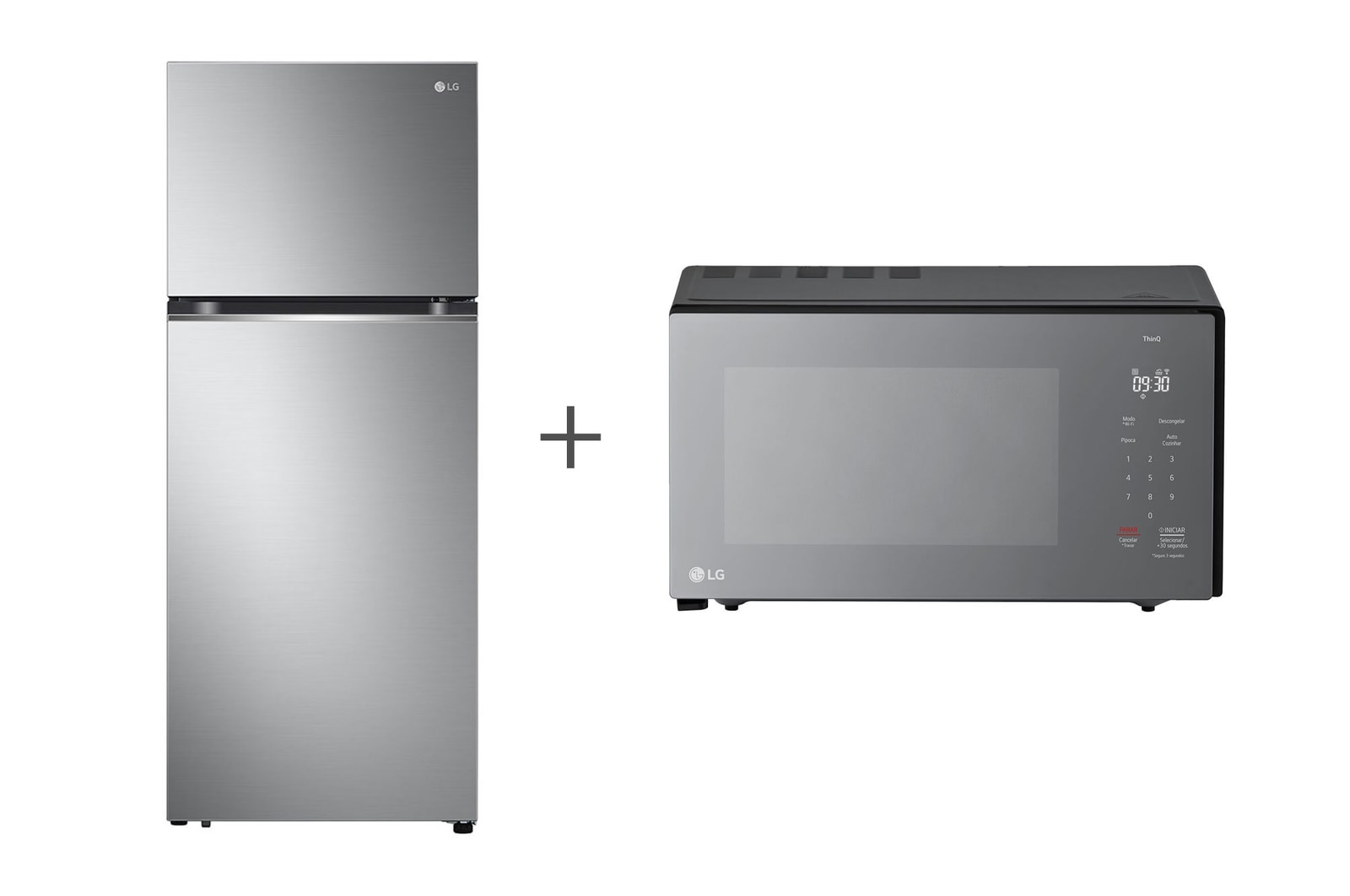 Vista frontal de Combo Geladeira LG Frost Free Inverter 395L Duplex Cor Inox Look (GN-B392PLM) + Micro-ondas LG Grill NeoChef 30 litros 220V MG3097NRA B392B2.3097A