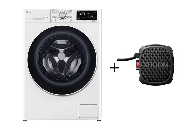 Vista frontal de Combo LG Lava e Seca VC5 12kg Branca 220v + Caixa de som Bluetooth XBOOM XG2T Bluetooth à prova d'água CV3012WC5A.XG2TBK