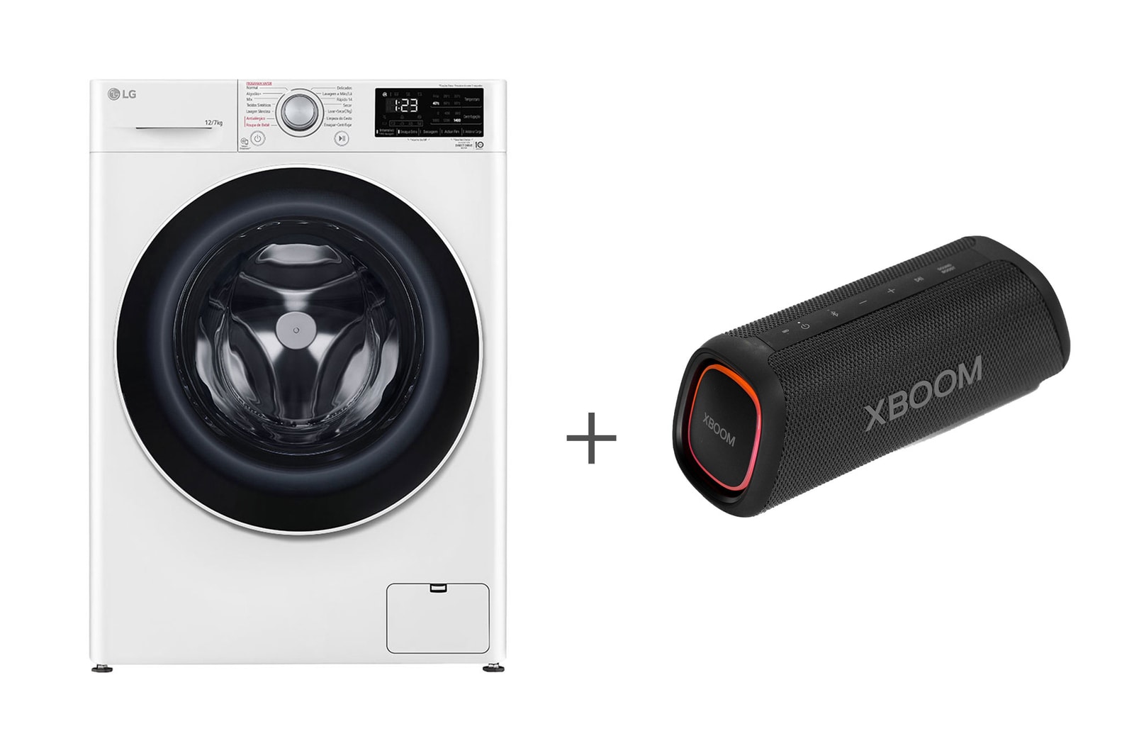 Vista frontal de Combo Lava e Seca Smart LG VC5 12kg Branca + Caixa de Som Portátil LG XBOOM Go XG5 CV3012WC5A.XG5S