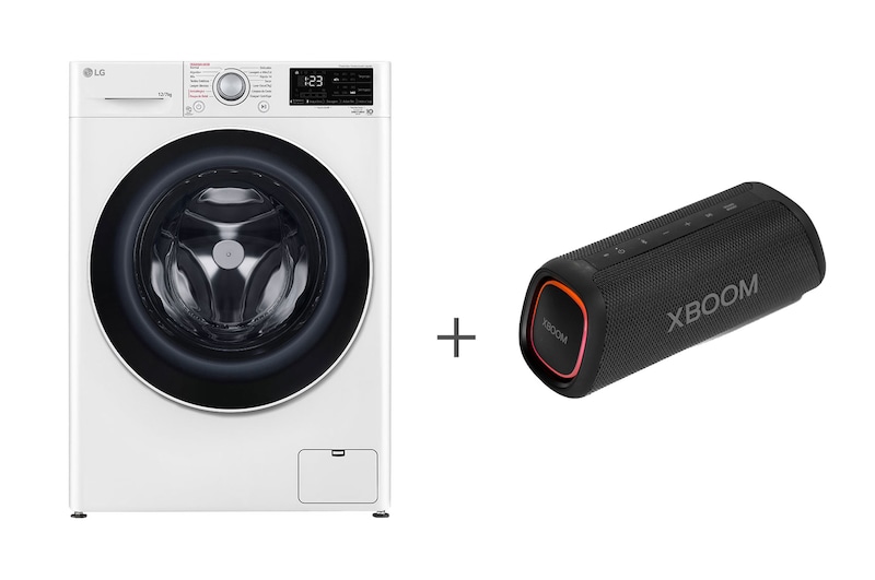 Vista frontal de Combo Lava e Seca Smart LG VC5 12kg Branca + Caixa de Som Portátil LG XBOOM Go XG5 CV3012WC5A.XG5S