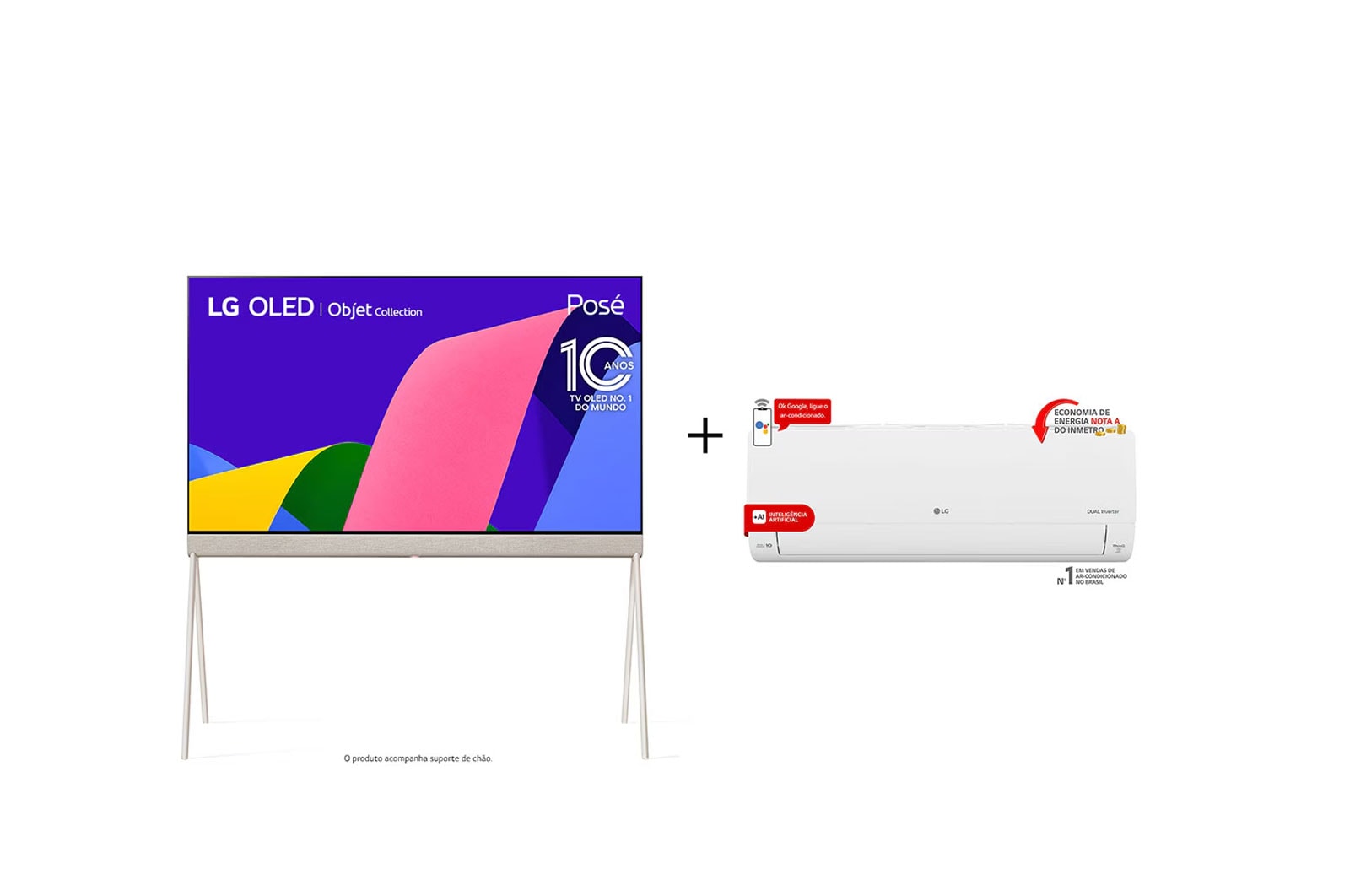 Vista frontal de Combo Smart TV LG OLED Evo Objet Collection Posé 55'' 4K 55LX1QPSA + Ar-Cond LG Dual Inverter Voice +AI 9.000 BTU Quente/Frio 55LX.S3-W09A