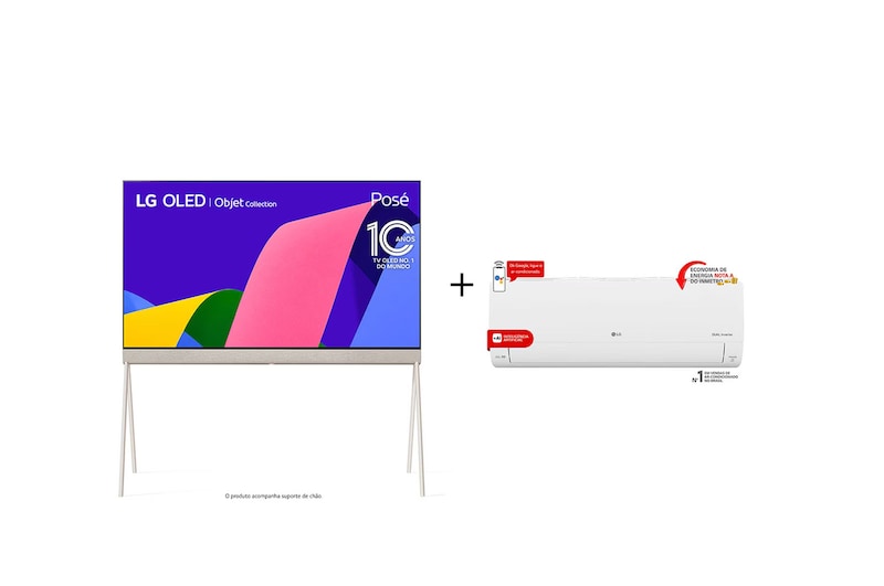 Vista frontal de Combo Smart TV LG OLED Evo Objet Collection Posé 55'' 4K 55LX1QPSA + Ar-Cond LG Dual Inverter Voice +AI 9.000 BTU Quente/Frio 55LX.S3-W09A
