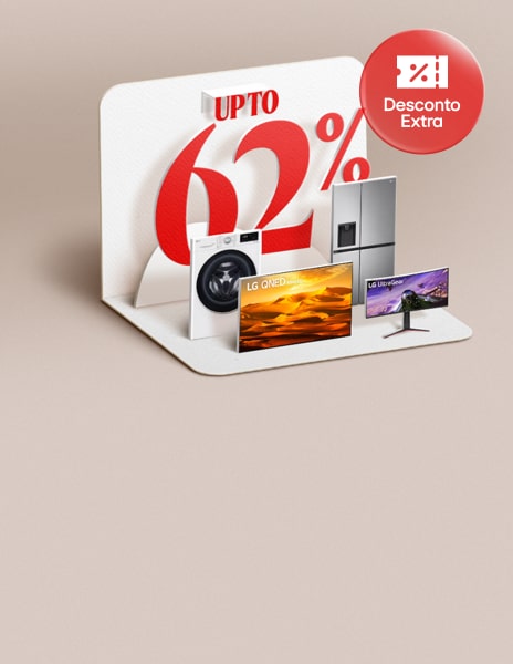 Design de cartão pop-up mostrando até 62% de desconto em eletrônicos LG.