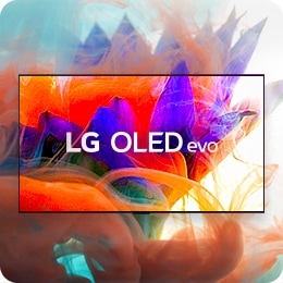 A colorida imagem abstrata de uma flor é mostrada na tela da LG OLED evo e se expande da televisão para o plano de fundo.