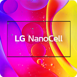 A TV com o logotipo LG NanoCell está disposta no meio – um colorido padrão abstrato composto de grandes gotas aparece na tela da NanoCell. 