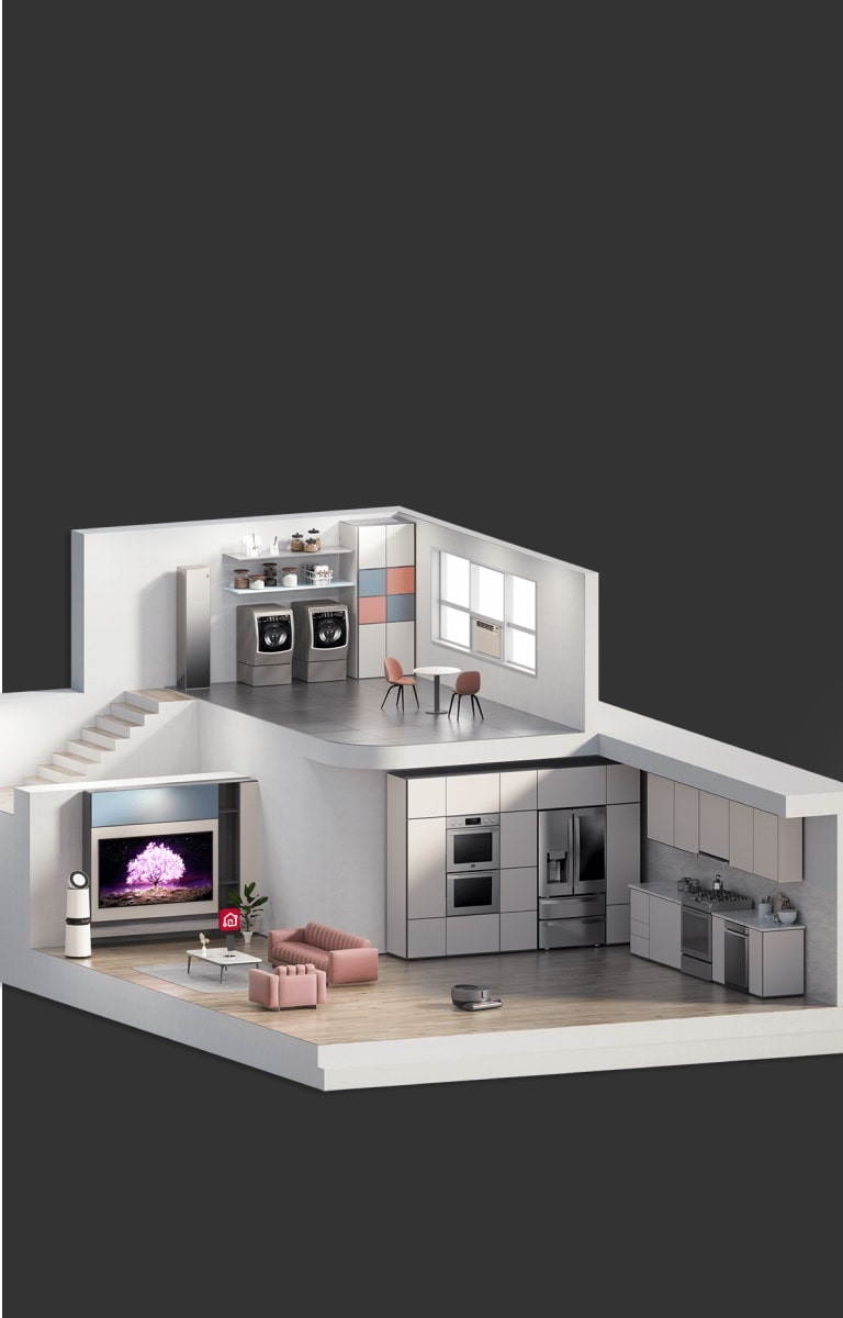 A imagem mostra uma seção transversal de uma casa-modelo e os diferentes ambientes dela.