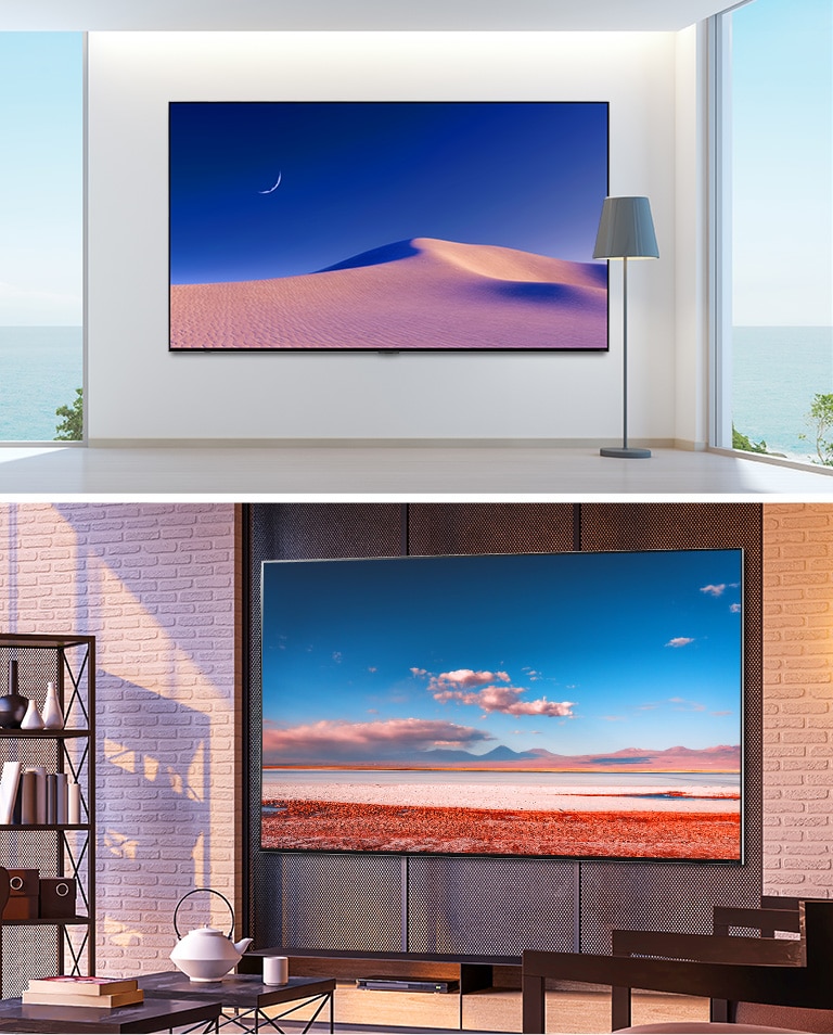 Duas imagens de uma grande TV de tela plana montada na parede de interiores modernos. As telas mostram cenas da natureza.