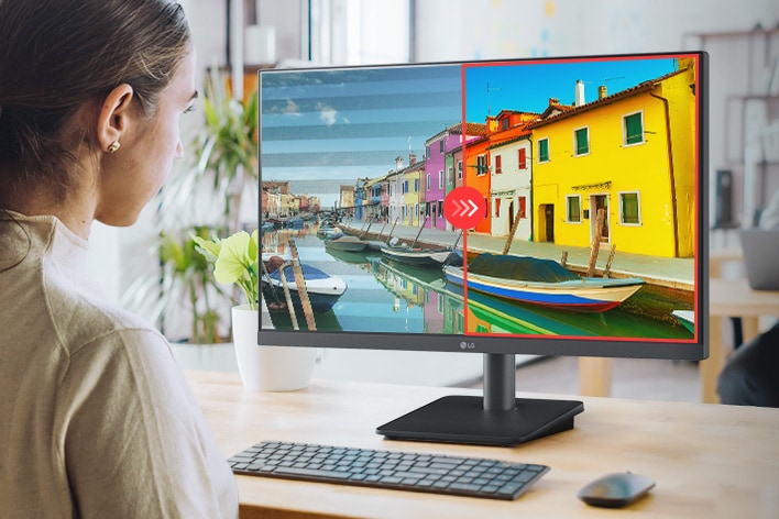 Imagem de comparação do lado direito com proteção contra cintilação aplicada e do lado esquerdo sem proteção contra cintilação aplicada.