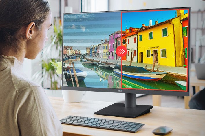 Imagem de comparação do lado direito com proteção contra cintilação aplicada e do lado esquerdo sem proteção contra cintilação aplicada.