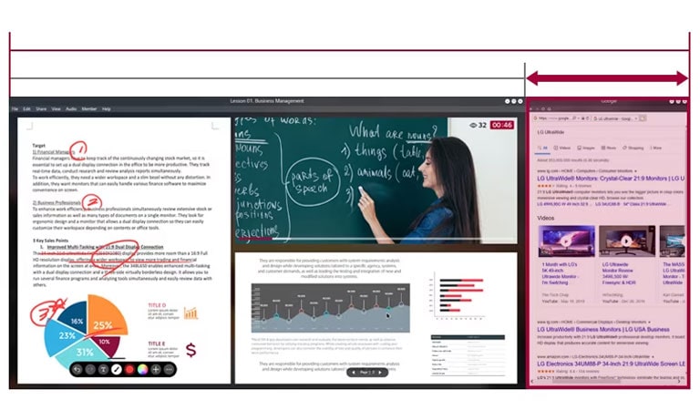 Mais espaço na tela de 21:9 UltraWide em comparação com a de 16:9 para exibir aulas on-line na tela.