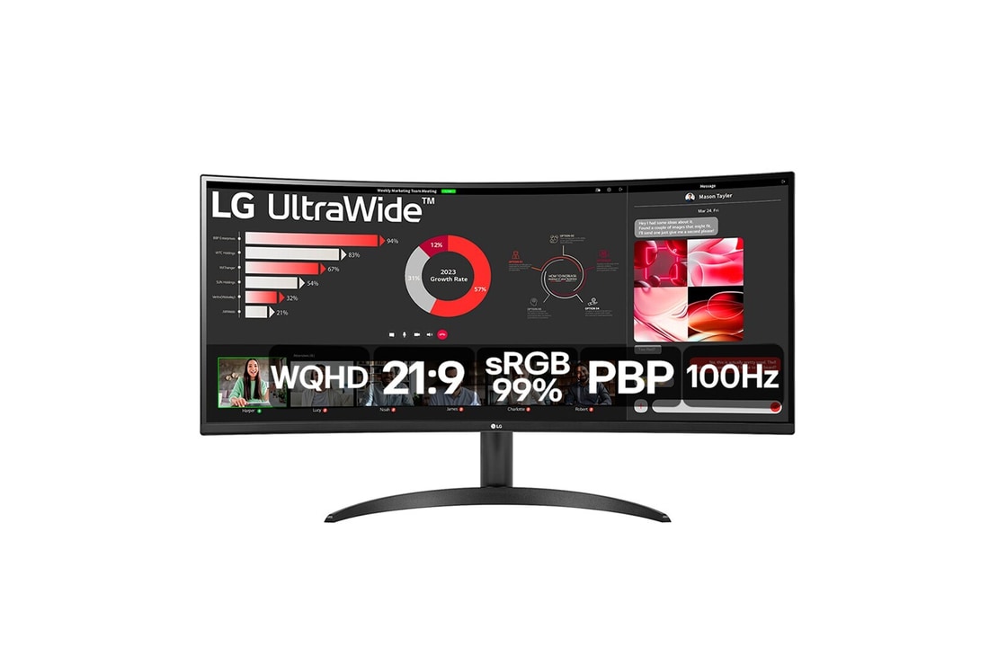 LG Monitor LG UltraWide™️ Curvo – Tela VA de 34”, WQHD 3440 x 1440, 21:9, sRGB 99%, HDR10, PBP, 100Hz, AMD FreeSync™️ - 34WR50QC-B, 34WR50QC-B