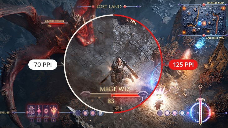 Cena de jogo comparando 70 PPI com 125 PPI para demonstrar a clareza visual.