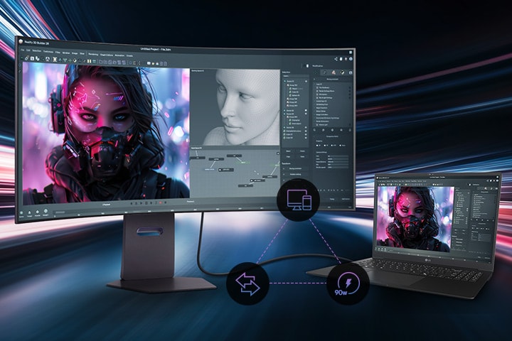 Monitor ultrawide conectado a um laptop exibindo trabalhos de design criativo.