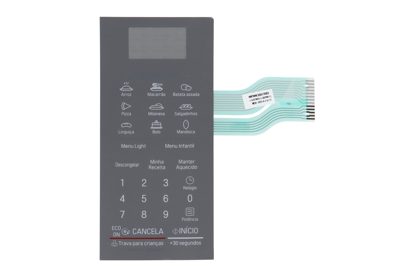 Vista frontal de Membrana do Display Micro-Ondas LG MS3095LR MFM63057003 MFM63057003